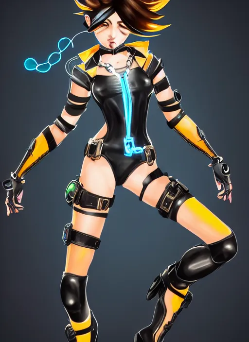 Image similar to full body digital artwork of tracer overwatch, wearing black iridescent rainbow latex swimsuit, 4 k, expressive happy smug expression, makeup, in style of mark arian, wearing detailed black leather collar, wearing chains, black leather harness, leather cuffs around wrists, detailed face and eyes,