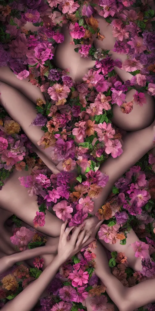Image similar to human bodies intertwined, a lovely cornucopia of flowers and human body parts, body parts, highly detailed, octane render, cinematic