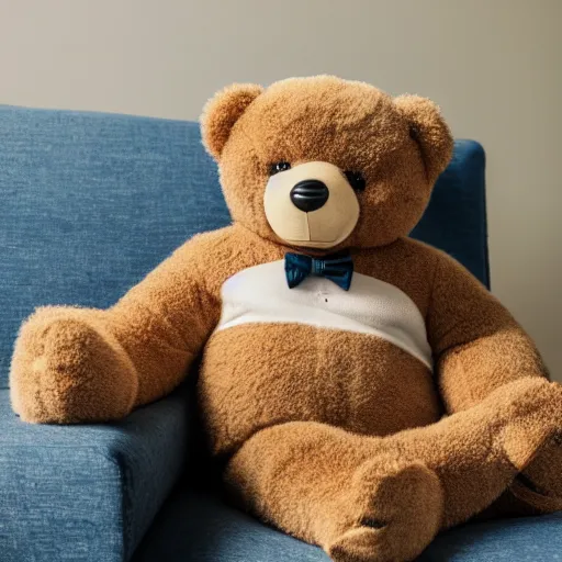 Image similar to a teddy bear wearing business casual clothes sitting on a couch, creepy 4 k photo