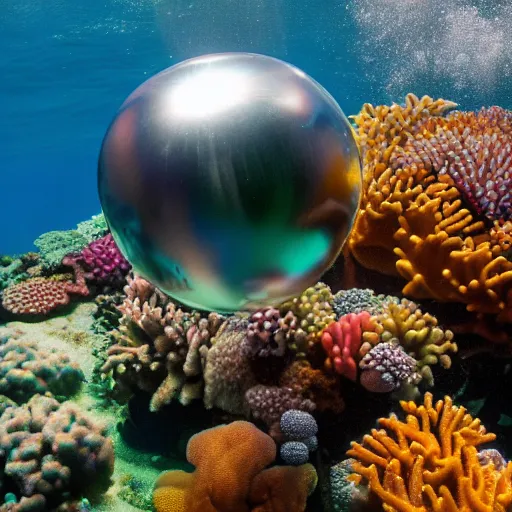 Image similar to chrome sphere in great barrier reef, underwater photography, detailed, 4k