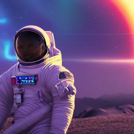 Image similar to rainbow vapor wave astronaut movie still, cinematic, photorealistic, extreme detail, sharp focus, 8 k, intricate, hyper detailed, realistic, cinematic lighting