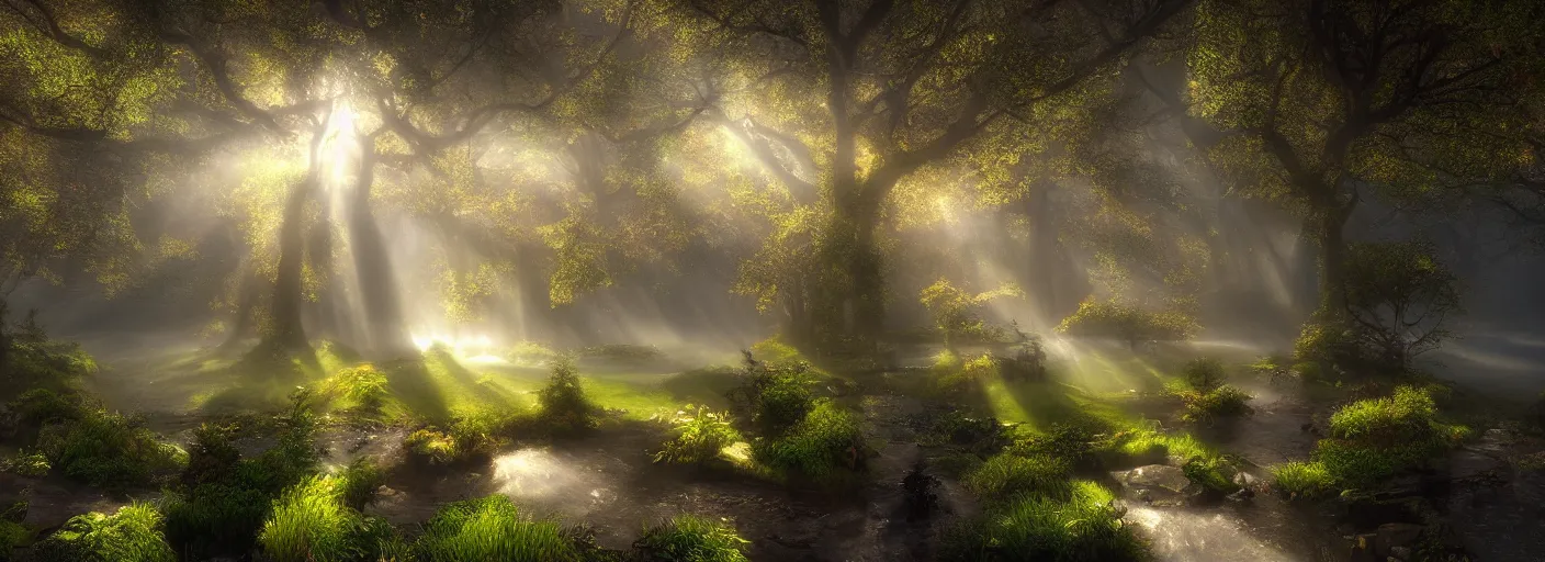 Image similar to photograph of enchanted garden, mist with rays of light by marc adamus, highly detailed, intricate detail, cinematic lighting