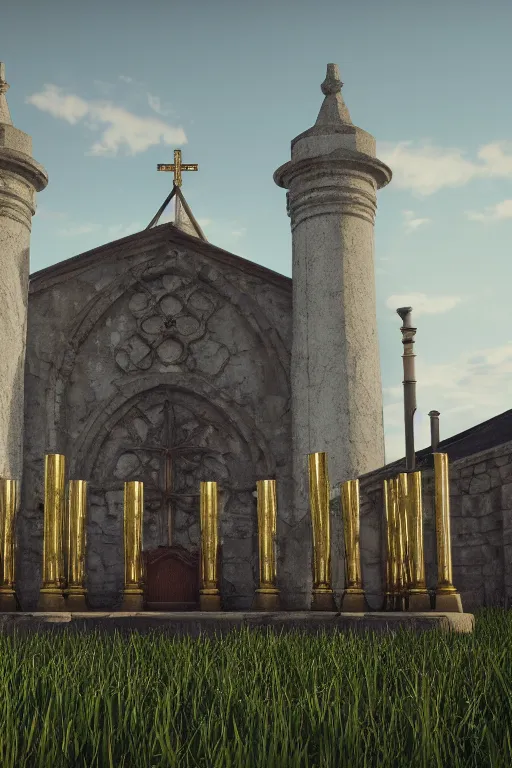 Image similar to a detailed render of an isolated lonely marble pipe organ in a church, with large golden pipes, in the middle of a field, supported by a lone stone column, trending on artstation, render, 3 d, octane, 4 k, 8 k, unreal engine, cinema 4 d