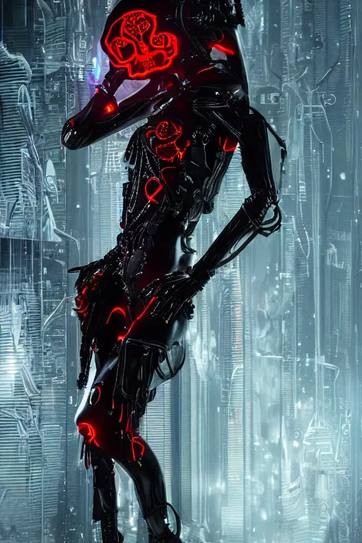 Image similar to full-body cyberpunk style sculpture of a young beautiful dark priestess, half android with a head opening exposing circuitry, glowing red eyes, black roses, flowing blood red colored silk, fabric, candles. baroque elements, human skull. full-length view. baroque element. intricate artwork by Caravaggio. crows flying in background. Trending on artstation, octane render, cinematic lighting from the right, hyper realism, octane render, 8k, depth of field, 3D