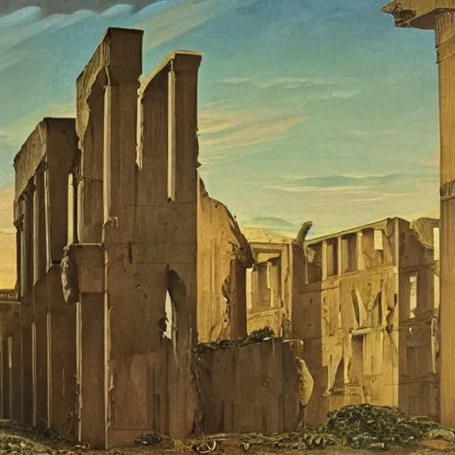 Image similar to the ruins of an old overgrown city at the end of times painting by de chirico