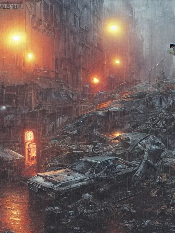 Prompt: Maggie Robertson from Resident Evil Village attacked in the wreckage city in the rain,by Tim Hildebrandt ,James Paick,Ted Nasmith, peter gric,Hugh Ferriss,trending on artstation,8k,Blade Runner 2049,ultra realistic,high detail,golden ratio,cinematic lighting,maximalist