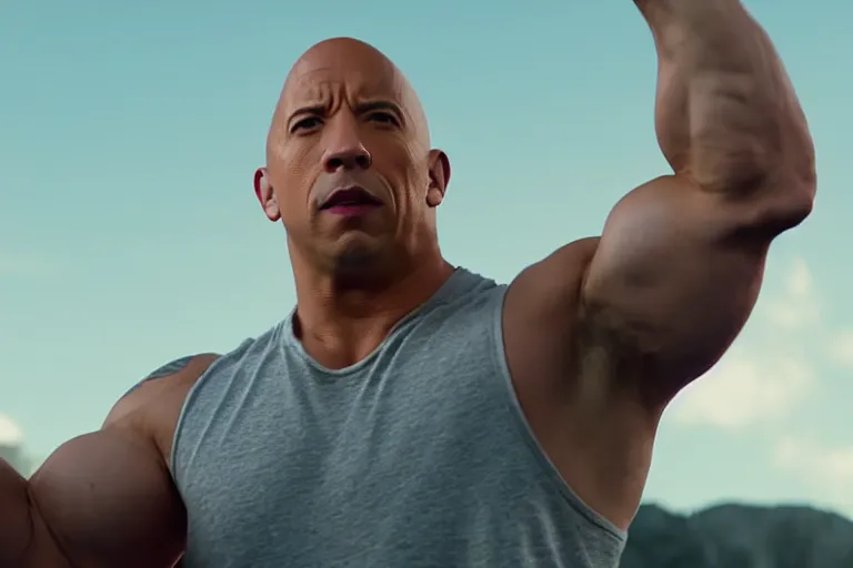 Image similar to vin diesel as dwayne johnson flexing and yelling let's go!, fast furious, low perspective, isometric perspective, cinematic still, movie still, long lens, shallow depth of field, bokeh, anamorphic lens flare, 8 k, hyper detailed, 3 5 mm film grain