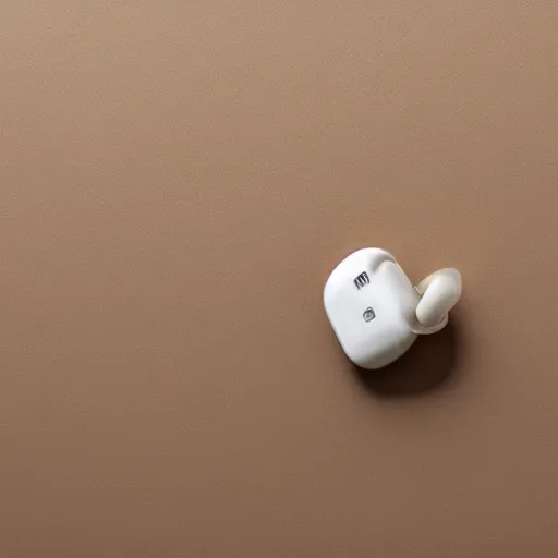 Image similar to a single beige truly wireless earbud with gold accents, beige case, studio, product photo