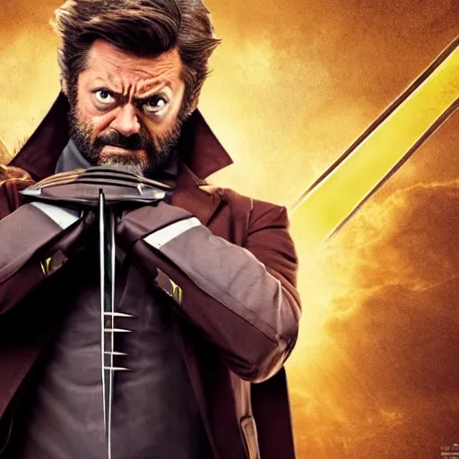 Prompt: x - men wolverine in suit played by nick offerman, logan marvel movie still, detailed 8 k, poster style, high resolution, accurate proportions
