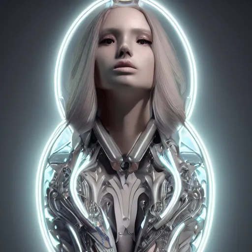 Prompt: symmetrical feminine cyborg goddess rendered in Cinema 4D and Octane and Unreal Engine 5, illustrious silver cybernetic body and ornate futuristic outfit, glowing white neon eyes, platinum and obsidian flowing long hair, art by Artgerm, Beeple and Alphonse Mucha, hyperrealism, full body photogenic shot, digital render, cinematic lighting ornate earrings, 8k resolution, masterpiece work