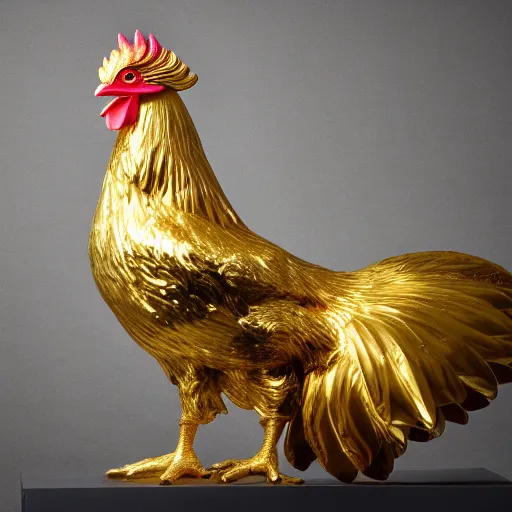 Prompt: a golden statue of a chicken, studio lighting, award-winning photograph