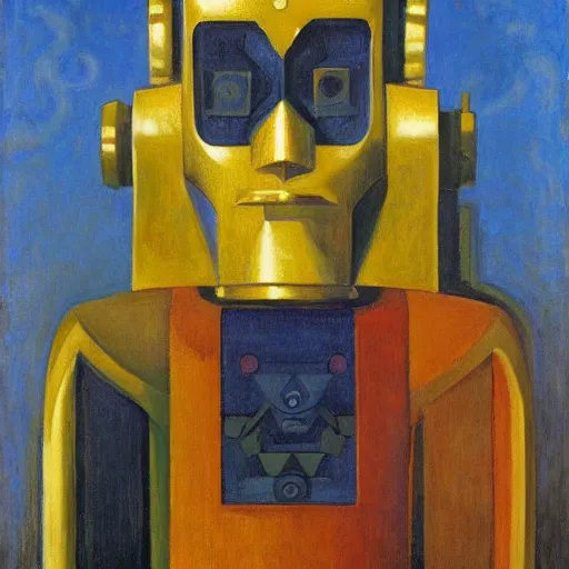 Image similar to the robot wearing her human mask, by prudence heward and donato giancola and nicholas roerich, symbolist, dramatic lighting, elaborate geometric ornament, art brut, god rays, soft cool colors, smooth, sharp focus, extremely detailed