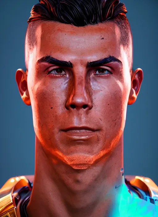 Image similar to glowwave portrait of cristiano ronaldo from borderlands 3, au naturel, hyper detailed, digital art, trending in artstation, cinematic lighting, studio quality, smooth render, unreal engine 5 rendered, octane rendered, art style by klimt and nixeu and ian sprigger and wlop and krenz cushart.