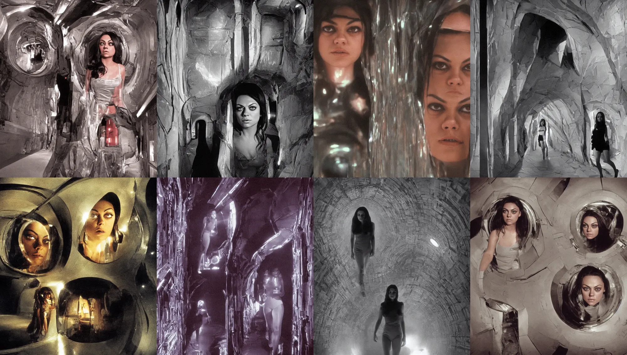 Prompt: face close-up of Mila Kunis walking through an eerie space ship hallway, 1960s Technicolor, Ludek Pesek, Rick Guidice, Chesley Bonestell, Lucien Rudaux, Rolf Klep, Fred Freeman, George Pal