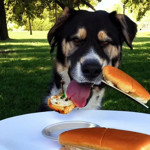 Prompt: dog eating burger, photo