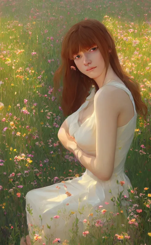 Image similar to southern ginger woman in a cream dress, freckled, sitting among flowers, airbrushed, hazy, gentle, soft lighting, wojtek fus, by makoto shinkai and ilya kuvshinov,