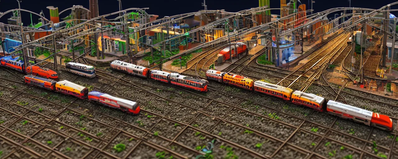 Image similar to mega detailed miniature voxel diorama of huge railway junction by night, futuristic architecture, tilt shift, volumetric lighting, several trains on rails, near future 2 0 3 0