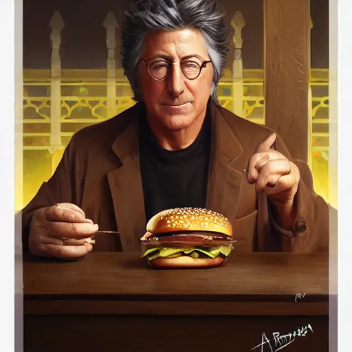 Prompt: portrait of dustin hoffman eating hamburgers, extra onions and ketchup, luscious patty with sesame seeds, feminine ethereal, handsome, d & d, fantasy, intricate, elegant, highly detailed, digital painting, artstation, concept art, matte, sharp focus, illustration, art by artgerm and greg rutkowski and alphonse mucha