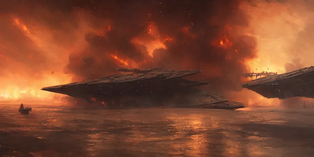 Image similar to a painting of a cinematic keyframe of star wars a destroyed imperial star destroyer ship, heavy atmosphere, fire and smoke by greg rutkowski, rule of thirds, golden ratio, ambient lighting, wlop, artgerm, artstation, highly detailed masterpiece, dark fantasy art, high detail, trending on artstation