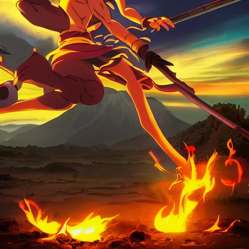 Prompt: anime key art of krishna fighting with kans on a smoky battlefield with ash and flames, by studio trigger, mountains in the distance, sunset, beautiful detail, epic composition, cinematic