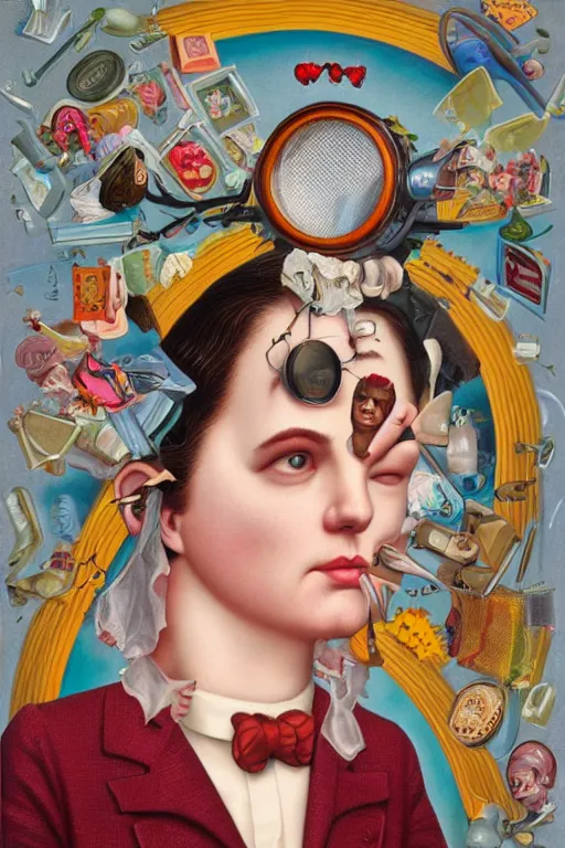 Image similar to a woman wearing a n oculus through her head to catch a trash Mark Ryden and Alex Gross, Todd Schorr highly detailed