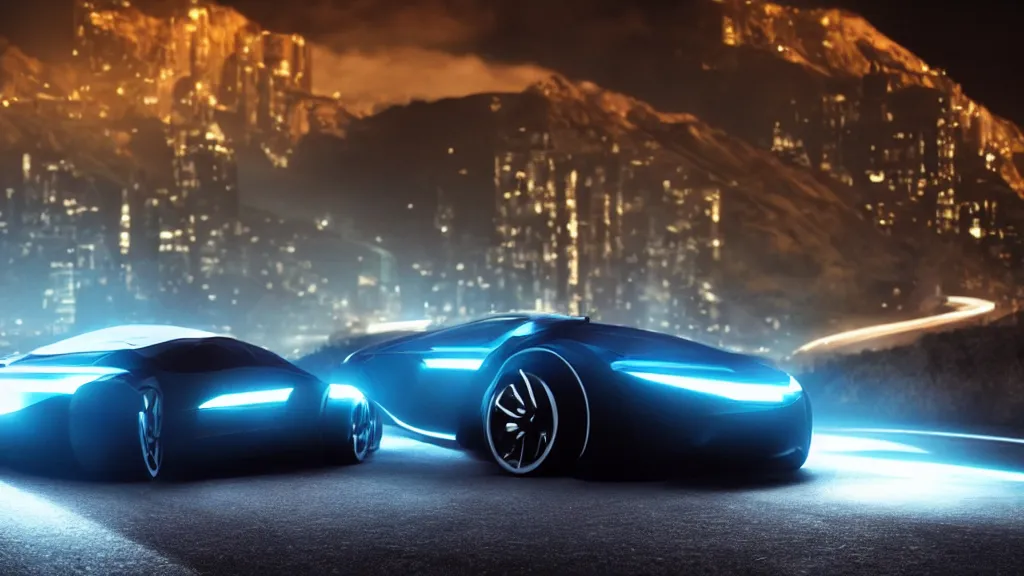 Prompt: a futuristic minimalist sports car driving down a mountain road at night, film still from tron legacy