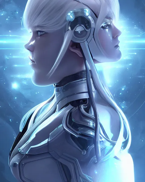 Image similar to perfect android girl on a mothership, warframe armor, beautiful face, scifi, futuristic, galaxy, nebula, bae suzy, dreamy, long white hair!!!, blue cyborg eyes, sharp focus, cinematic lighting, highly detailed, artstation, divine, by gauthier leblanc, kazuya takahashi, huifeng huang