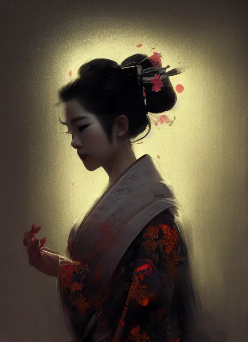 Image similar to female geisha girl, beautiful face, neon, rule of thirds, intricate outfit, spotlight, by greg rutkowski, by jeremy mann, digital painting