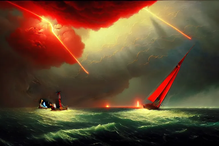 Image similar to A beautiful matte painting of huge spherical alien spaceship attacking with powerful red lasers a Sailship in ocean in thunderstorm by Greg Rutkowski and Ivan aivazovsky