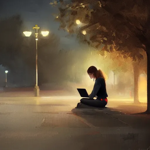 Prompt: a girl working on her laptop, city park, street lighting, greg rutkowski, digital painting