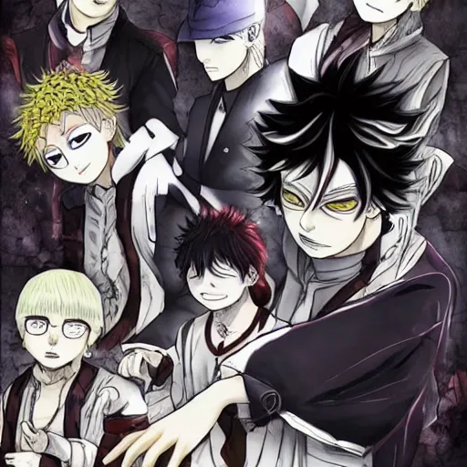 Image similar to tokyo ghoul and black clover crossover in a ruined villiage