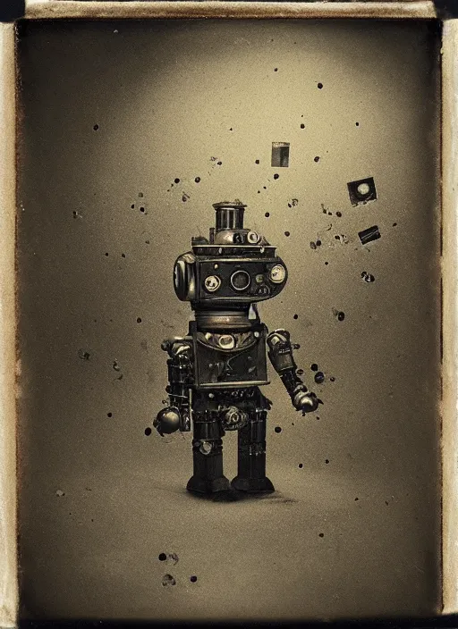 Prompt: old wetplate daguerreotype portrait of futuristic cute little robot, dubbel negative exposure, explosion of data fragments, fractal, intricate, elegant, highly detailed, parallax, leica, medium format, subsurface scattering, by jheronimus bosch and greg rutkowski and louis jacques mande daguerre