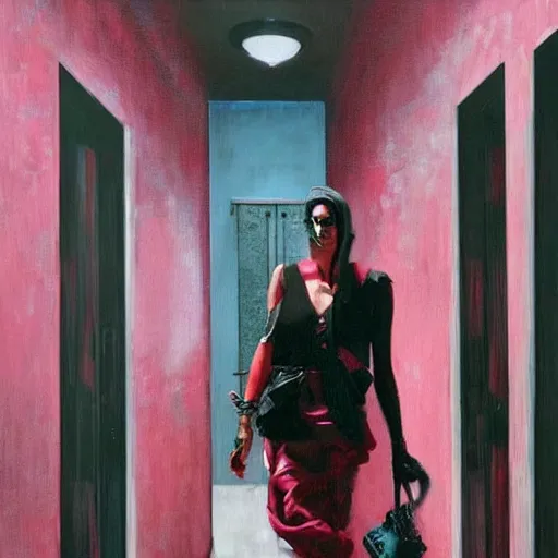 Prompt: diego dayer, hyperrealistic surrealism, award winning masterpiece with incredible details, a surreal vaporwave painting of pink door leading to a teal room, mirrors everywhere, highly detailed, hallway with black and white checkered floor, intricate, elegant