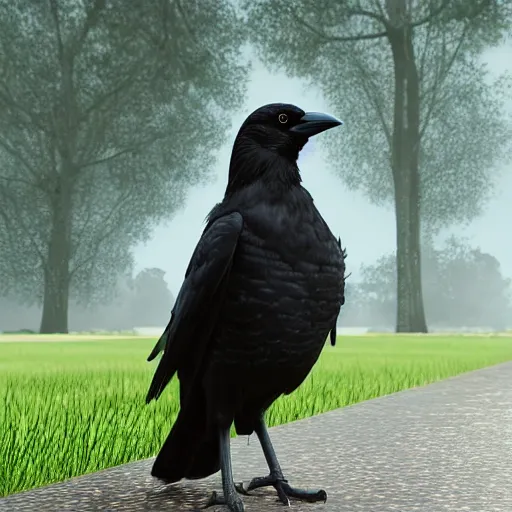 Image similar to a friendly crow in a park in a rainy day, digital painting, ultra detailed, unreal engine 5,