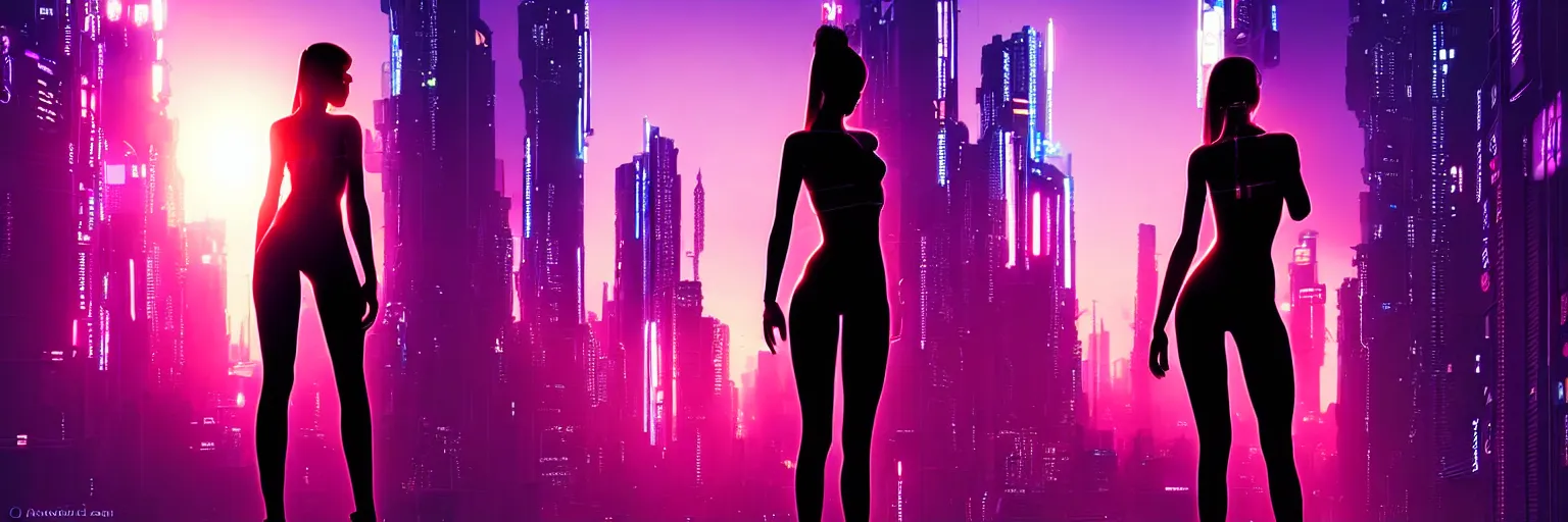 Image similar to backlit silhouette of a female humanoid in a cyberpunk cityscape, half body cropping, elegant glamor pose, accurate anatomy, cyber led neon lighting, bokeh, rule of thirds, hyper photorealistic, crispy quality, digital photography, art by pascal blanche, art by artgerm, art by greg rutkowski,