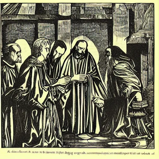 Prompt: bishop wulfila explains the gospels to the goths, wood engraving, published 1 8 9 0