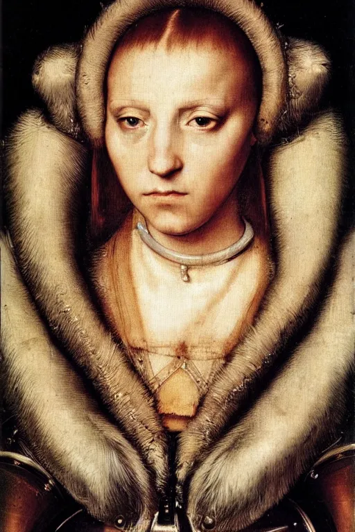 Image similar to a close - up portrait of a cyberpunk cyborg girl, by hans holbein the younger, rule of thirds