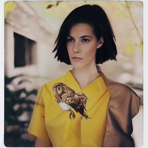 Prompt: head to shoulder portrait Polaroid film photograph of an elegant top model wearing a yellow kimono with a very detailed barn owl on her shoulder!!! in a tropical greenhouse. looking at the camera!!. super resolution. Polaroid 600 film. art by Alessio albi and john william waterhouse and John Singer Sargent