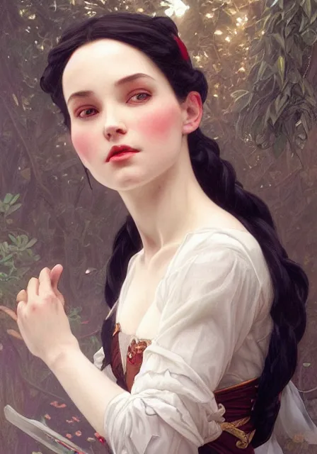 Image similar to snow white, intricate, elegant, highly detailed, digital painting, artstation, concept art, smooth, sharp focus, illustration, art by artgerm and greg rutkowski and alphonse mucha and william - adolphe bouguereau