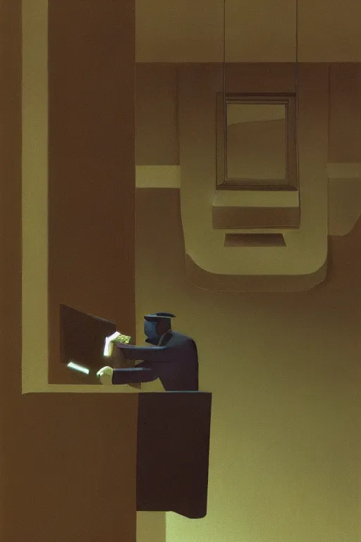Image similar to Security guard watch monitor screens while smoking a cigarette, highly detailed, soft lighting, elegant, Wayne Barlowe, Edward Hopper and James Gilleard, Zdzislaw Beksinski, Steven Outram, highly detailed