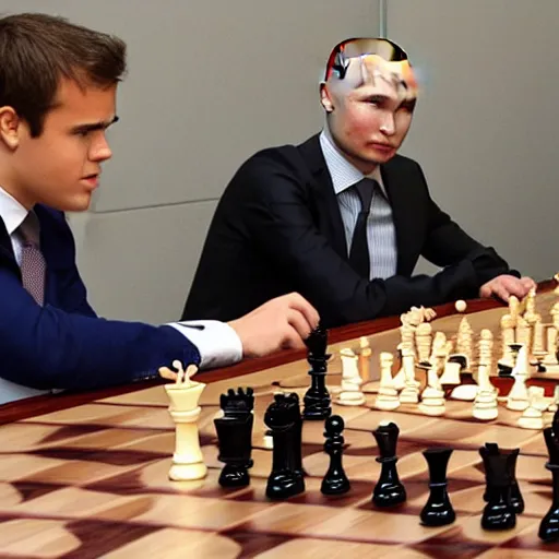 Prompt: magnus carlsen playing chess with vladimir putin,