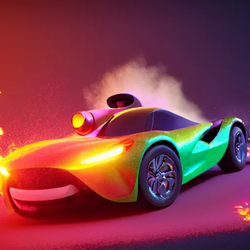 Prompt: a luxurious car is dramatically breaking out of a tv screen. cute 3 d octane render, elegant, an explosion of colorful powder in the background by pixar on artstation, 8 k