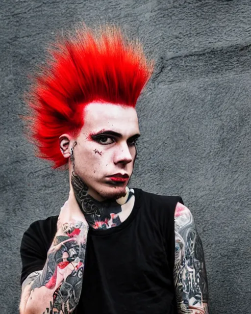 Image similar to young man with a red dyed mohawk, dressed in punk clothing, punk style, crustpunk, portrait photo