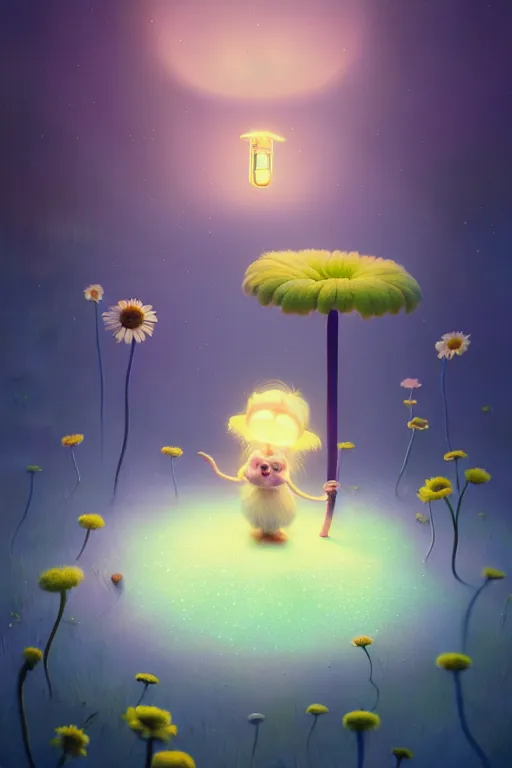 Prompt: a surreal Bioluminescent, very very very cute daisy in a happy world by Daniel Merriam, Trending on Artstation, oil on Canvas by Elena Zhurikhina and Goro Fujita and Charlie Bowater, octane render, 4k, 8k, HD