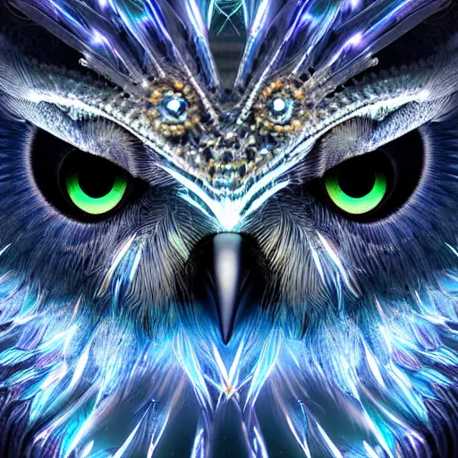 Image similar to detailed portrait of a magical lights owl, wearing a diamond crown, glowing feathers, halfway through, hyper detailed, stylistic, symmetrical, 3 d render, 8 k, octane render