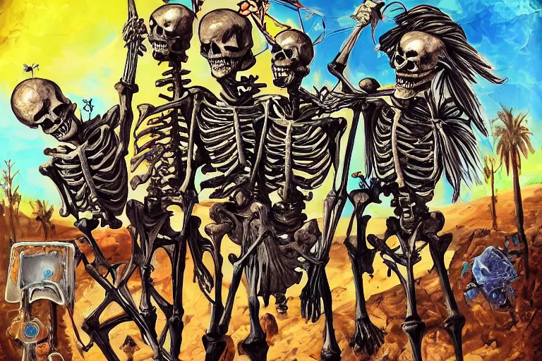 Image similar to skeleton rock band live at coachella, art by danny flynn and simon bisley, trending on artstation, halfrear, oil and canvas, very very intricate, post - modernism