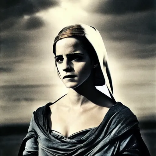 Image similar to Emma Watson as a bene-gesserit, ominous, brooding, dark, detailed, portrait by Annie leibovitz