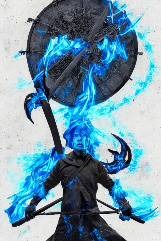 Image similar to a mysterious man holding a fire scythe in blue flames, WLOP, Ross Draws, mixed media, digital art, trending on artstation, 8k, epic composition, highly detailed, AAA graphics