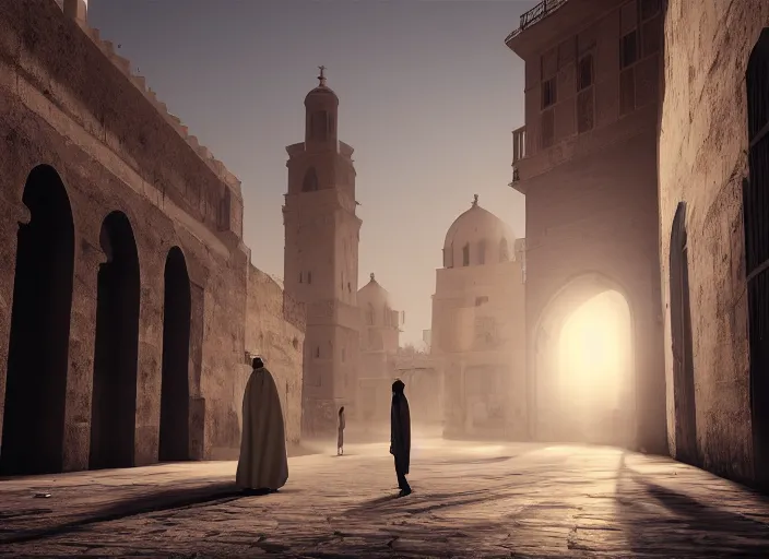 Prompt: old jeddah city alley, magical time gate to another dimension, a man wearing a white robe standing watching over, dramatic lighting, dawn, by caspar david friedrich, unreal engine 5
