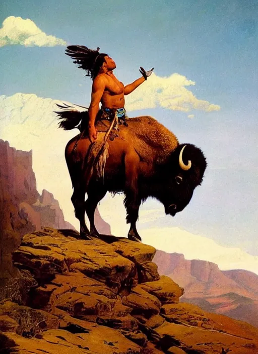 Image similar to beautiful native american riding bison, buffalo, powerful native american warrior, mountain range, beautiful sky, standing on the edge of a cliff, nineteenth century, painted by frazetta